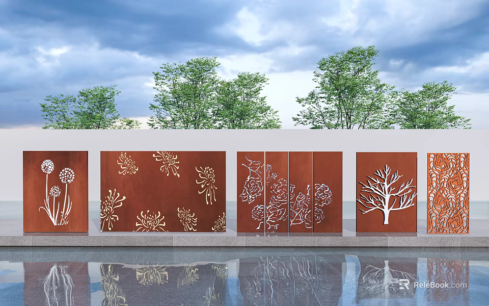 Outdoor Brown Decorative Wall With White Floral Tree Patterns And Water Reflection 3d model