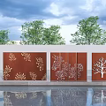 Outdoor Brown Decorative Wall With White Floral Tree Patterns And Water Reflection 3d model