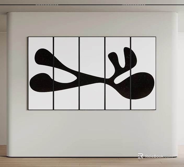 Black Abstract Five Panel Painting Hanging On White Wall Interior 3d model