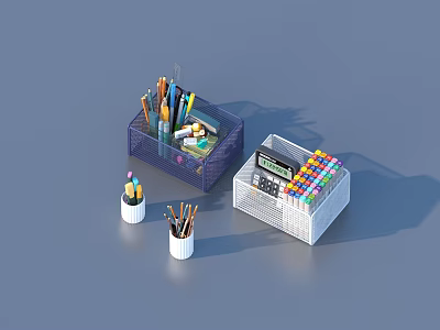 Modern Office Supplies Organizer With Pens Colored Markers Calculator In Storage Boxes And Holders 3d model