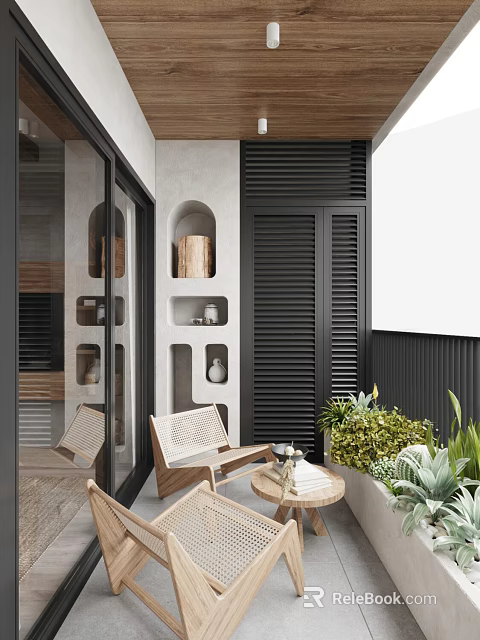 Modern Home Balcony With Rattan Chairs Decorative Niches Black Shutters And Green Plants 3d model 