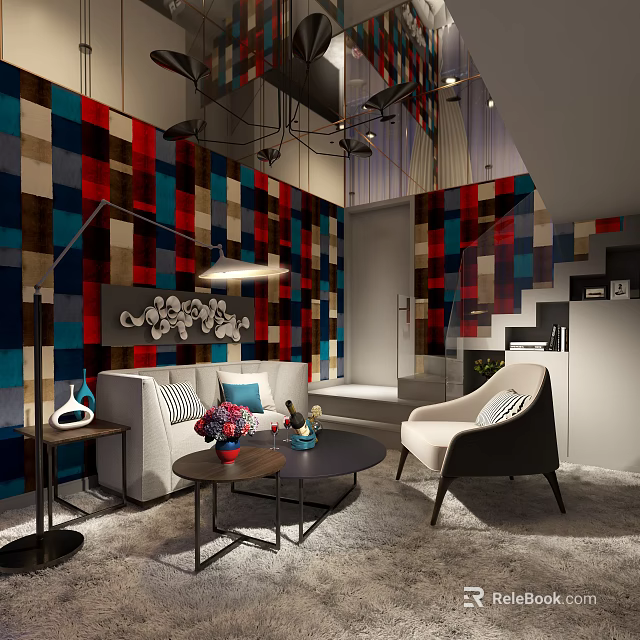 Colorful Patchwork Wall Living Room Interior With Sofa Armchair Coffee Table And Decorative Artwork 3d model 
