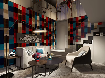 Colorful Patchwork Wall Living Room Interior With Sofa Armchair Coffee Table And Decorative Artwork 3d model