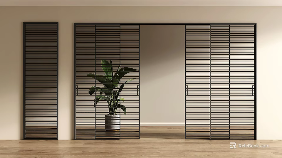 Modern Black Slatted Sliding Doors In Interior Space With Wooden Floor And Green Plant 3d model 