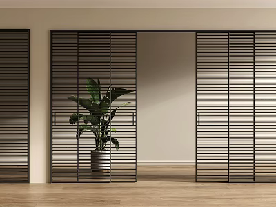 Modern Black Slatted Sliding Doors In Interior Space With Wooden Floor And Green Plant 3d model