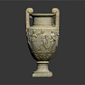Ancient Style Ceramic Vessel With Carved Figures And Twin Handles On Square Base