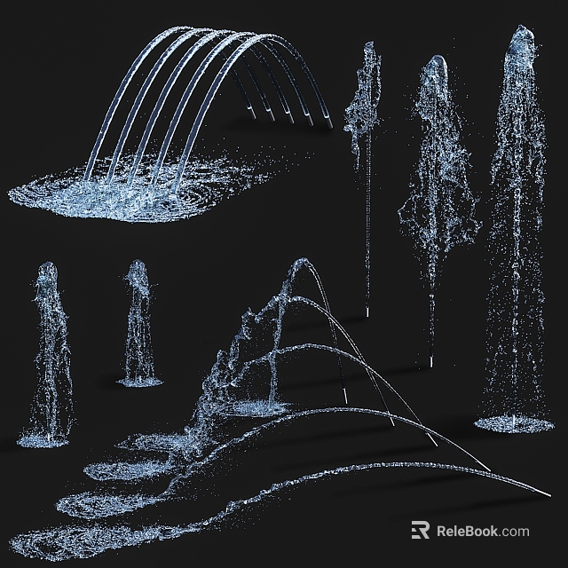 Modern Water Fountain Designs Featuring Arched Streams Cascading Jets and Water Droplets 3d model 