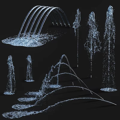 Modern Water Fountain Designs Featuring Arched Streams Cascading Jets and Water Droplets 3d model