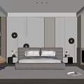 Modern Bedroom Interior Design With Grey Bed Accent Chair Striped Bedhead Wall And Decorative Mirrors