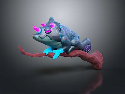 Colorful 3D Frog Model With Glowing Purple Eyes Blue Feet And Red Branch 3d model