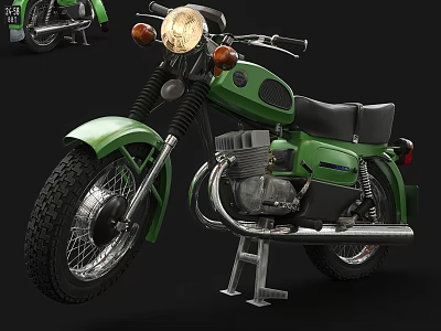 Green Vintage Motorcycle With Headlight Black Seat And Silver Engine On Stand 3d model