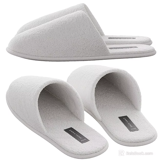 Comfortable Fluffy White Indoor Slippers With Soft Slip On Design And Brand Label 3d model 