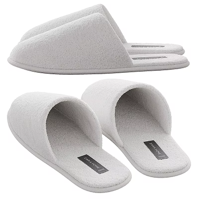Comfortable Fluffy White Indoor Slippers With Soft Slip On Design And Brand Label 3d model