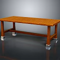 Long Wooden Table With Textured Surface And Metal Leg Bases Design