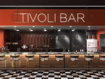 Tivoli Bar Interior With Red Walls Bar Counter And Black White Checkered Floor 3d model