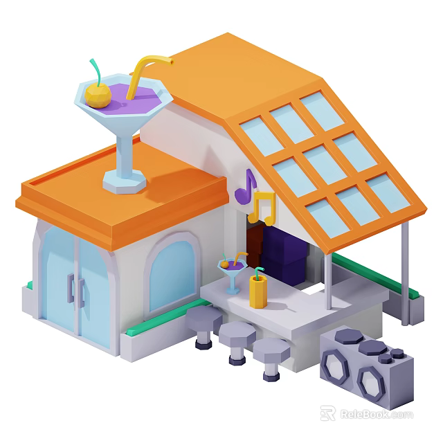 Small Building With Orange Roof Solar Panels Bar Area Stools Drink Glasses And Speakers 3d model 