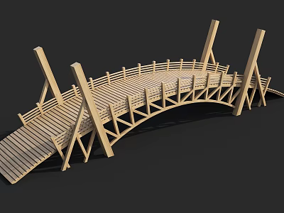 Elegant Wooden Arched Scenic Landscape Bridge With Railings And Support Pillars 3d model