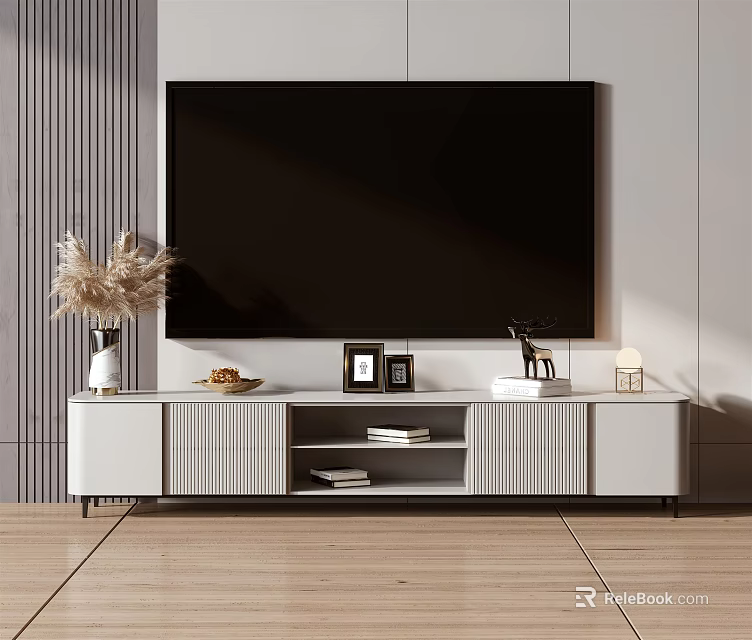 Modern TV Stand With Panel Details Dried Flowers Vase Photo Frames And Deer Figurine 3d model 