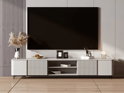 Modern TV Stand With Panel Details Dried Flowers Vase Photo Frames And Deer Figurine 3d model