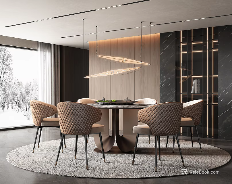 Modern Restaurant Interior With Round Dining Table Upholstered Chairs Hanging Lights And Snowy Window View 3d model 