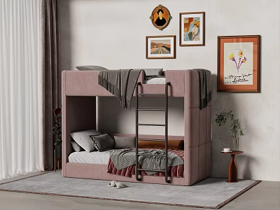 Velvet Bunk Bed with Ladder Mattresses Decorative Paintings and Plant in Modern Bedroom 3d model
