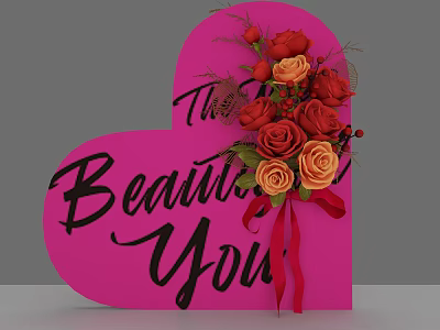 Heart Shaped Pink Board With The Beautiful You Text And Red Orange Roses 3d model