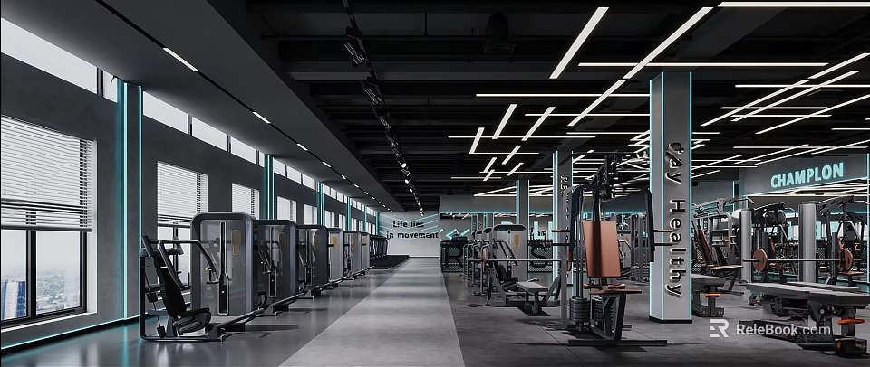 Spacious Modern Gym Interior With Various Fitness Equipment And Bright Lighting 3d model 