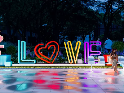 Colorful LOVE Neon Sign With Heart Shape In Night Scene With Tree Reflections 3d model