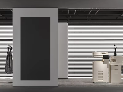 Modern Clothing Store Interior Featuring White Display Cabinets Blinds Black Panel And Hanging Clothes 3d model