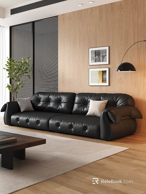 Modern Black Leather Sofa and Coffee Table Set with Wooden Accents Cushions and Framed Art 3d model 