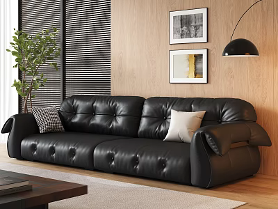 Modern Black Leather Sofa and Coffee Table Set with Wooden Accents Cushions and Framed Art 3d model