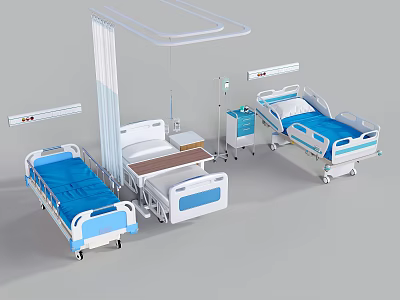 Modern Hospital Medical Beds With Adjustable Frames Infusion Stands And Cabinets 3d model