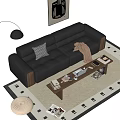 Modern Black Leather Three-Seater Sofa With Checkered Cushion Brown Blanket And Wooden Coffee Table