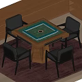 Modern Wooden Mahjong Entertainment Table With Green Mat And Four Black Chairs On Red Carpet