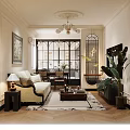 Warm Vintage Open Living And Dining Room With Elegant Interior Design And Large French Window