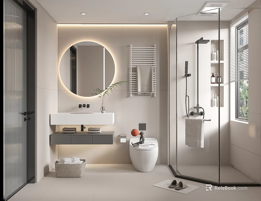 Modern Bathroom Interior With Round Mirror Wall Mounted Sink And Glass Shower Enclosure 3d model 