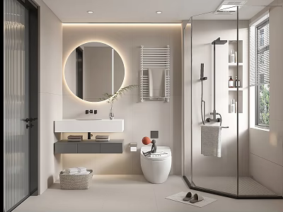 Modern Bathroom Interior With Round Mirror Wall Mounted Sink And Glass Shower Enclosure 3d model