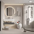 Modern Bathroom Interior With Round Mirror Wall Mounted Sink And Glass Shower Enclosure