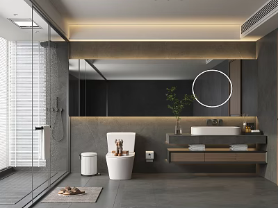 Modern Bathroom Interior Design With Glass Shower Circular Mirror White Toilet Vanity And Potted Plant 3d model