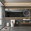 Modern Bathroom Interior Design With Glass Shower Circular Mirror White Toilet Vanity And Potted Plant