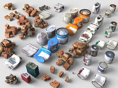 Assorted Bricks and Vintage Cans Collection in Different Sizes and Colors 3d model
