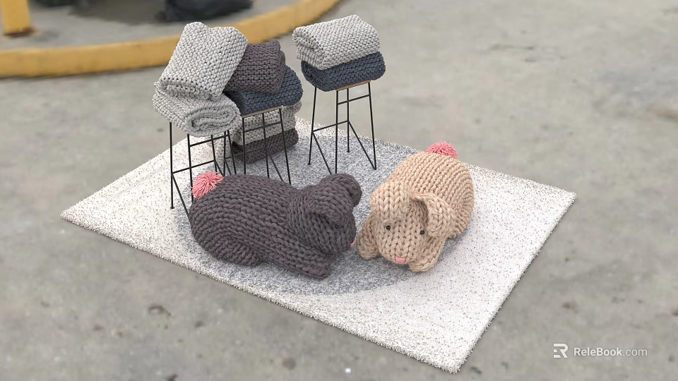 Knitted Pig Dolls In Gray And Beige On A Soft Carpet With Stacked Knitted Items 3d model 