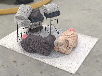 Knitted Pig Dolls In Gray And Beige On A Soft Carpet With Stacked Knitted Items 3d model