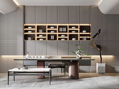 Modern Elegant Tea Room Interior With Wooden Shelves Tea Sets And Green Plants 3d model