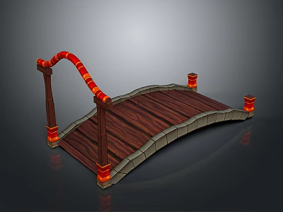 Decorative Arch Shaped Bridge Model With Wooden Deck Red And Gold Railings And Pillar Supports 3d model