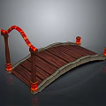 Decorative Arch Shaped Bridge Model With Wooden Deck Red And Gold Railings And Pillar Supports