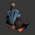 Man Wearing Gray T-shirt Blue Graphic Dark Pants Orange Shoes With Backpack Against Gray Background
