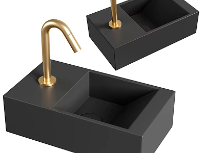 Modern Black Square Washbasin Design With Gold Faucet And Sleek Surface 3d model