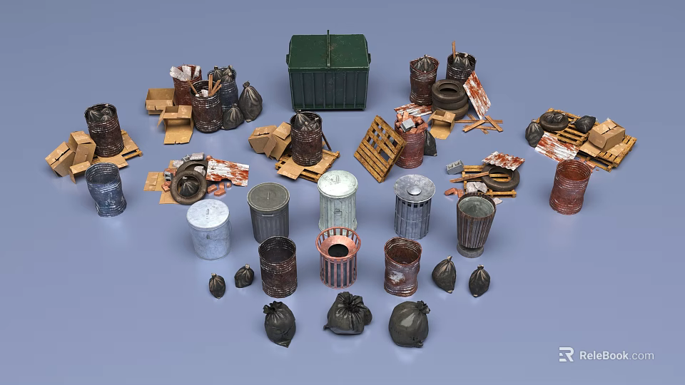 Public Facilities Including Various Trash Bins Garbage Bags And Cardboard Boxes 3d model 