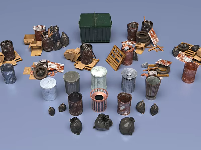 Public Facilities Including Various Trash Bins Garbage Bags And Cardboard Boxes 3d model